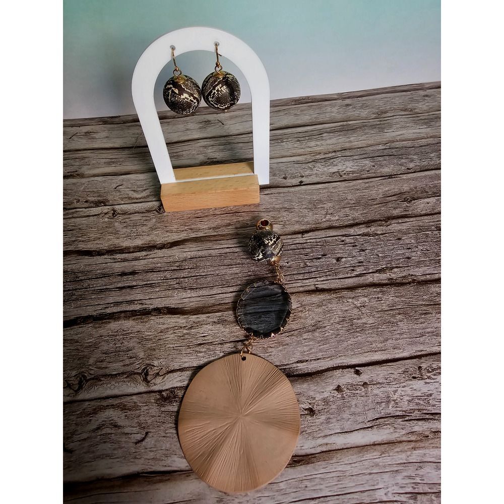 Textured Sphere Hoop Earrings & Large Disc Pendant Charm Statement no chain